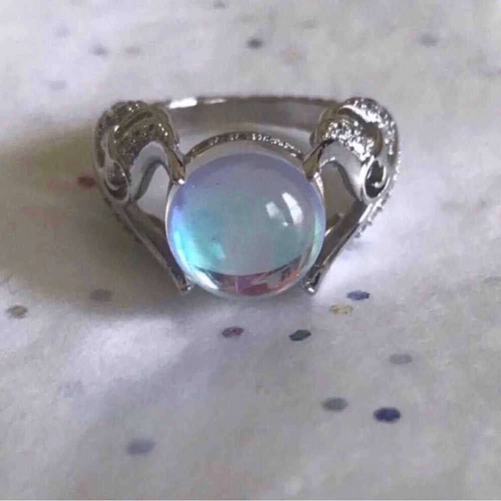 Sterling Silver Opalescent Cabochon Ring - Iridescent Blue Accent